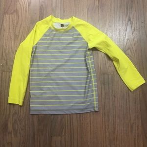 Yellow and grey striped swim shirt
